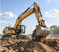 Excavator moving soil on a cleared site